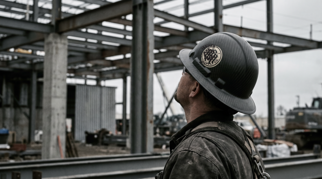 Home Site Issue worker on a steel jobsite, carbon fiber hard hat worn backwards, Issued Supply Co. badge
